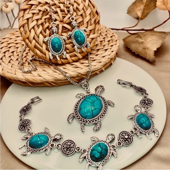 Bohemian Silver Turtle Drop Earrings with Turquoise Accents - Picture 4 of 6